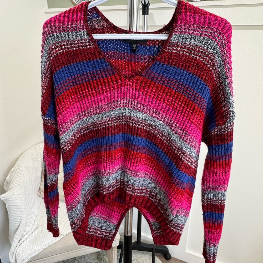 Striped V-Neck Sweater - Pink, Red, and Gray